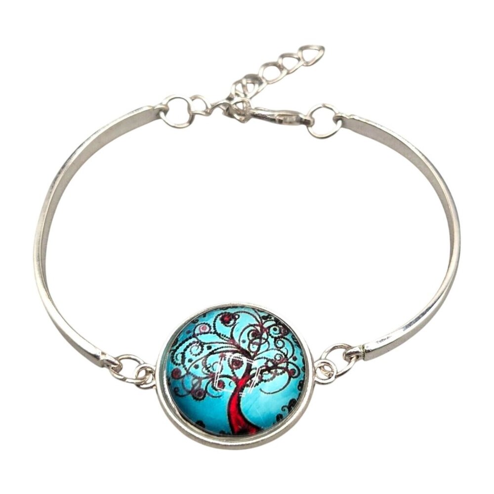 Tree of Life Charm Bangle Bracelet Glass Pendant Silver Tone Adj to 7.5 Inches